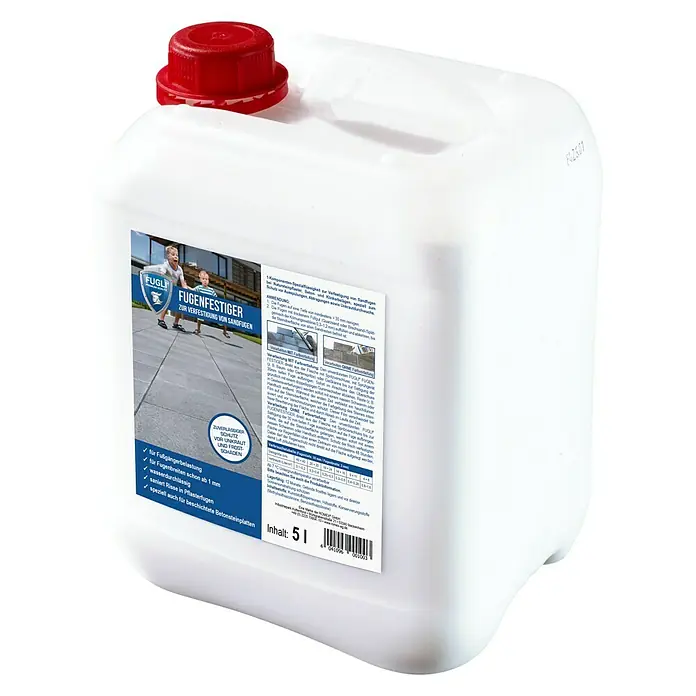 Fugli Fugenfestiger - 5 l - Bild eines 5-Liter-Kanisters FugenFestiger zur Verfestigung von Sandfugen, ideal für wasserdurchlässige Pflasterfugen und Betonsteinplatten.