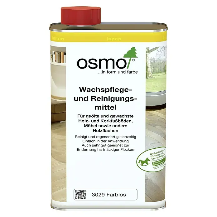 Osmo Wachspflege- & Reinigung - Farblos, 1 l, Seidenmatt, Geeignet für: Geölte und gewachste Holzfußböden - Bild einer Flasche Osmo Wachspflege- und Reinigungsmittel, farblos, für geölte und gewachste Holz- und Korkfußböden, Möbel.