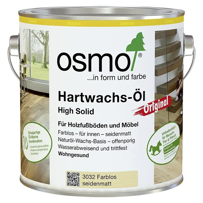 Osmo High Solid Hartwachsöl Original 3032 - Farblos, 750 ml, Seidenmatt - Dose Osmo Hartwachs-Öl High Solid für Holzfußböden und Möbel, farblos und seidenmatt, für den Innenbereich.