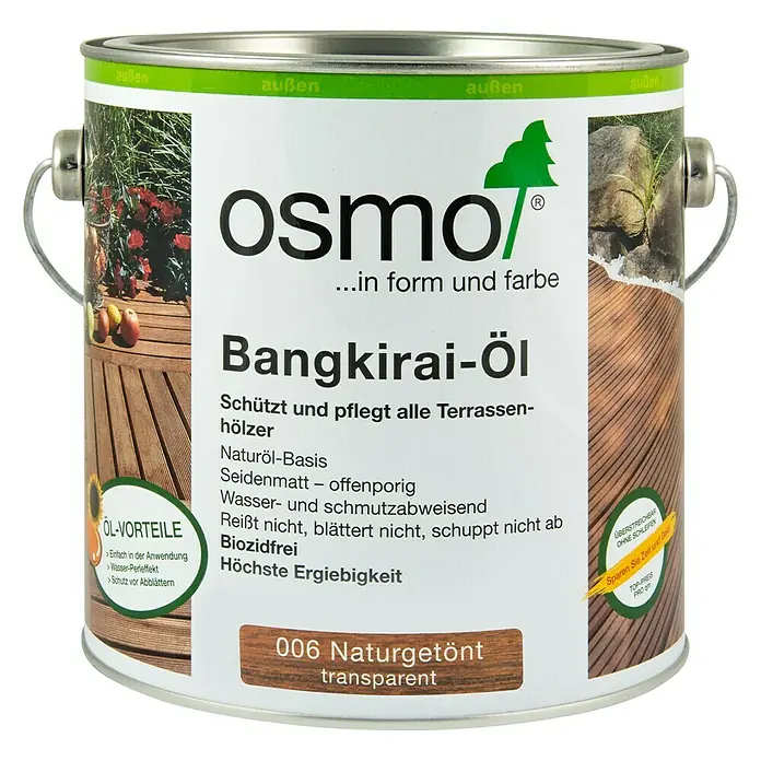 Osmo Bangkirai-Öl 006 - Naturgetönt, Transparent, 750 ml, Seidenmatt - Dose Osmo Bangkirai-Öl für Terrassendielen: Natürlicher Schutz, seidenmatt, wasserabweisend, farblos und ergiebig.