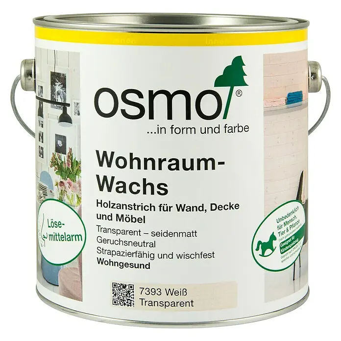 Osmo Wohnraum-Wachs - Weiß, Transparent, 750 ml, Seidenmatt - Farbdose Osmo Wohnraum-Wachs, transparent-seidenmatt für Wände, Decken und Möbel. Lösemittelarm, geruchsneutral und kinderfreundlich.