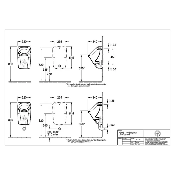 Gustavsberg Concentus Pure Urinal - Unbeschichtet, Zulauf: Hinten, Weiß - Technische Zeichnung eines Gustavsberg Urinals mit Maßangaben zur Installation. Das Urinal ist in Vorder- und Seitenansicht dargestellt.