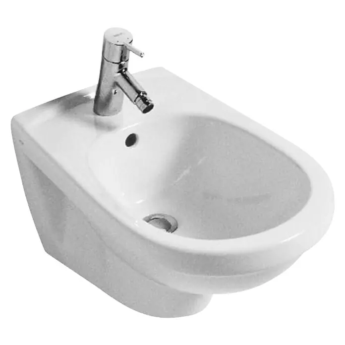 Sanicomfort Wand-Bidet Lara - 35,5 x 55 cm, Weiß, Ohne Spezialglasur - Nahaufnahme eines weißen Bidet mit Chromarmatur, das Design und Funktionalität im Badezimmer vereint.