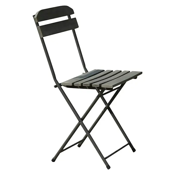Sunfun Conjunto de muebles de balcón Verona - 3 pzs., Polipropileno/Acero, Gris - Se muestra una silla plegable de madera oscura con estructura metálica, ideal para el jardín o el balcón, que ahorra espacio y es elegante.