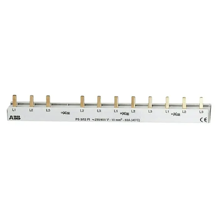 ABB Phasenschiene PS3/12FI - Phasen: 3 Stk., 211 mm - Abbildung einer ABB PS 3/12 FI Sammelschiene mit den Kennzeichnungen L1, L2, L3 und CE.