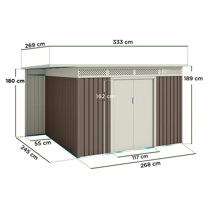 Hoggar Caseta para jardín Örebro - Medidas ext. (An x Pr): 333 x 269 cm, Beige, Acero, Área: 8,96 m² - Imagen de una caseta de jardín con dimensiones, ideal para guardar herramientas de jardín.