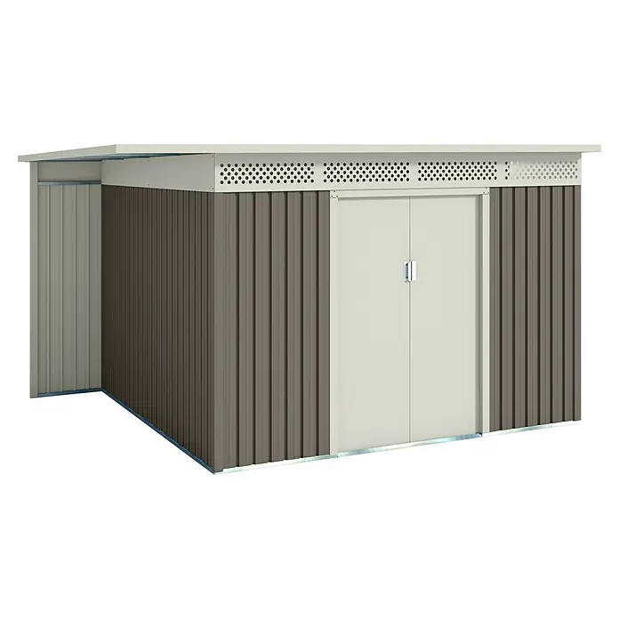 Hoggar Caseta para jardín Örebro - Medidas ext. (An x Pr): 333 x 269 cm, Beige, Acero, Área: 8,96 m² - Un cobertizo de jardín moderno gris y marrón con puertas dobles y techo ventilado para mayor comodidad y funcionalidad.
