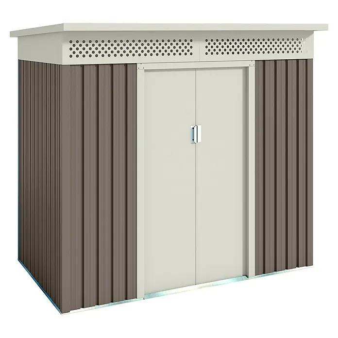 Hoggar Gerätehaus Nyköp - Außenmaß inkl. Dachüberstand (B x T): 213 x 142 cm, Taupe, Stahl, Grundfläche: 3,02 m² - Das Bild zeigt ein Gartenhaus mit Doppeltür, braunen Seitenwänden und einem hellen Dach mit Lüftungslöchern.
