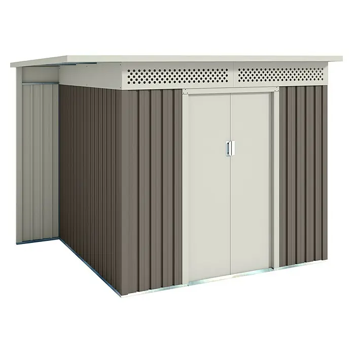 Hoggar Gerätehaus Husavik - Außenmaß inkl. Dachüberstand (B x T): 257 x 206 cm, Taupe, Stahl, 5,3 m² - Ein modernes Gartenhaus in Beige und Braun mit Doppeltür und Lüftungsöffnungen unter dem Dach.