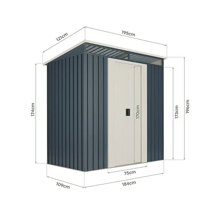 Hoggar Caseta para jardín Hofn - Medidas ext. (An x Pr): 195 x 121 cm, Antracita, Beige, Acero, Área: 2,3 m² - Ilustración de un cobertizo de jardín de metal con dimensiones. Ideal para guardar herramientas y muebles de jardín.