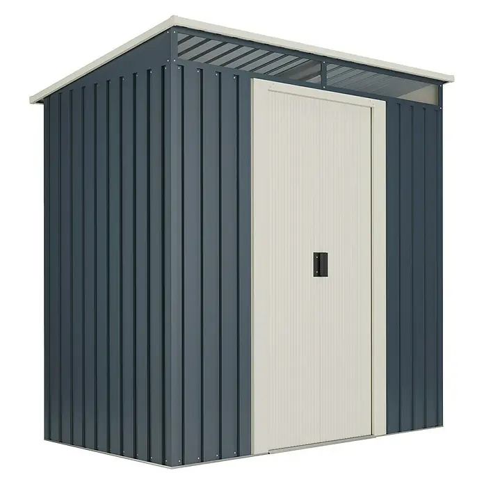 Hoggar Caseta para jardín Hofn - Medidas ext. (An x Pr): 195 x 121 cm, Antracita, Beige, Acero, Área: 2,3 m² - La imagen muestra una caseta de jardín metálica con una puerta de color claro. La caseta es gris y tiene un techo blanco.