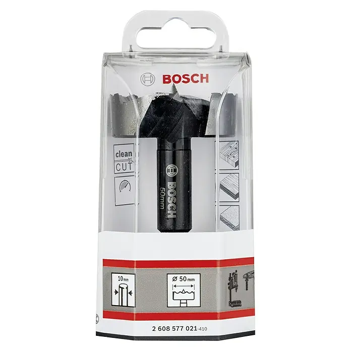 Bosch Professional Forstnerbohrer - Durchmesser Bohrer: 50 mm, Länge: 90 mm - Ein 50-mm-Forstnerbohrer von Bosch in einer transparenten Kunststoffverpackung mit roter Bosch-Beschriftung.