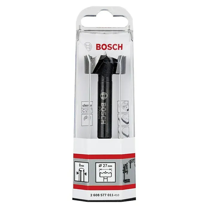 Bosch Professional Forstnerbohrer - Durchmesser Bohrer: 27 mm, Länge: 90 mm - Das Bild zeigt einen 27mm Bosch Forstnerbohrer in einer transparenten Verpackung mit roter Basis. Der Bohrer ist schwarz und silberfarben.
