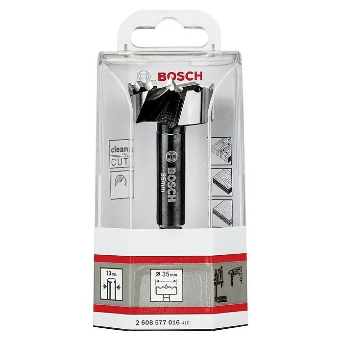 Bosch Professional Forstnerbohrer - Durchmesser Bohrer: 35 mm, Länge: 90 mm - Das Bild zeigt einen 35-mm-Forstnerbohrer von Bosch in einer durchsichtigen Kunststoffverpackung, ideal für saubere Holzschnitte.