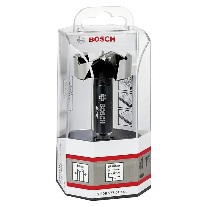 Bosch Professional Forstnerbohrer - Durchmesser Bohrer: 40 mm, Länge: 90 mm - Ein 40 mm Bosch-Forstnerbohrer in einer transparenten Kunststoffverpackung, ideal für präzise Holzarbeiten und Lochsägen.