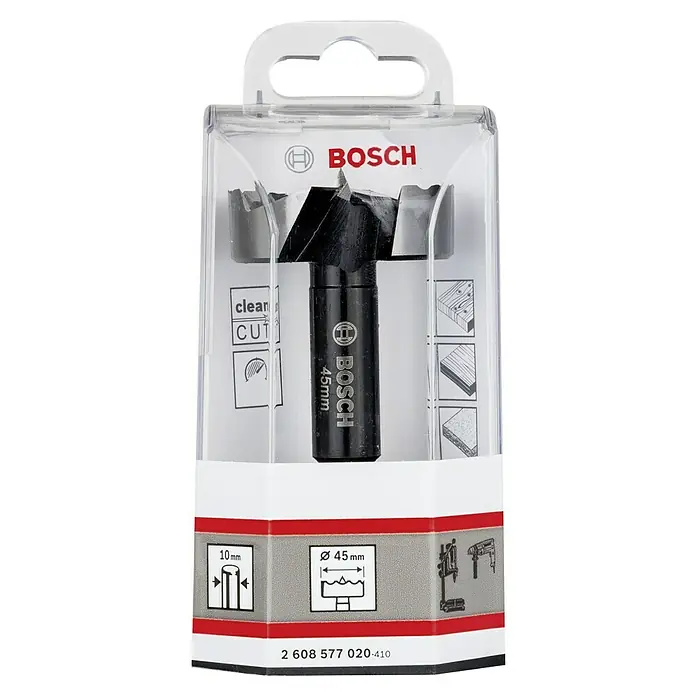 Bosch Professional Forstnerbohrer - Durchmesser Bohrer: 45 mm, Länge: 90 mm - Ein Bosch 45mm Forstnerbohrer verpackt in einer durchsichtigen Kunststoffverpackung, ideal für saubere Schnitte in Holzmaterialien.