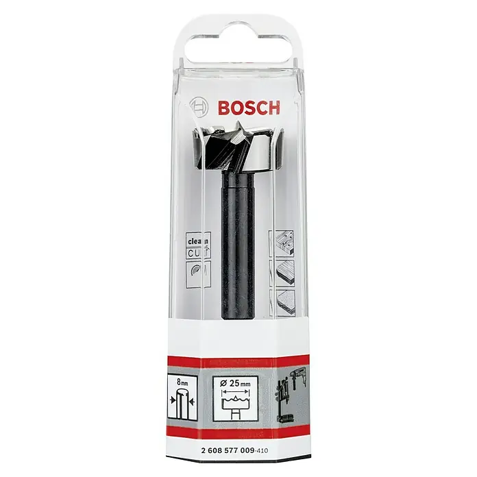 Bosch Professional Forstnerbohrer - Durchmesser Bohrer: 25 mm, Länge: 90 mm - Ein Bosch Forstnerbohrer in einer transparenten Verpackung, ideal für saubere und präzise Bohrungen in Holz mit einem Durchmesser von 25 mm.
