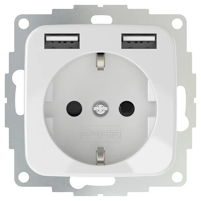 Busch-Jaeger USB-Steckdose Typ A ReflexSI - Reinweiß, Kunststoff, Unterputzmontage - Steckdose mit zwei USB-Anschlüssen. Die Steckdose ist weiß und hat einen silberfarbenen Rahmen. Sie ist für den Einsatz im Innenbereich geeignet.