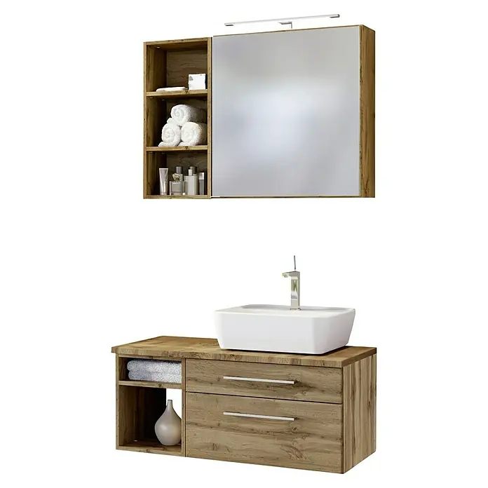 Lomadox Set Mobile Bagno Completo – Rovere Wotan – Lavabo In Ceramica, Specchio LED E 3 Pensili – Con Cassetti Softclose