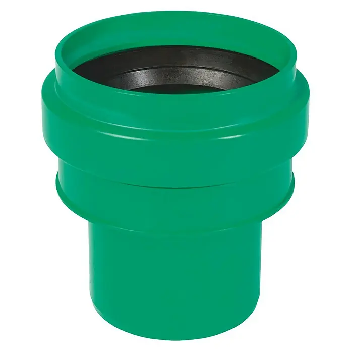 KG Anschluss KG 2000 - Nennweite: 110 mm, Geeignet für: Steinzeugspitzende - Eine grüne Abwasserrohr-Verbindungsstück, ideal für Sanitärinstallationen. Das Verbindungsstück ist aus robustem Material gefertigt.