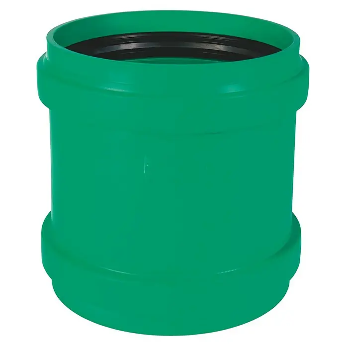 KG Überschiebmuffe KG 2000 - Nennweite: 160 mm - Abwasserrohr-Verbinder in Grün. Der Verbinder dient zur Verbindung von zwei Rohren in der Abwassertechnik und ist in Grün gehalten.