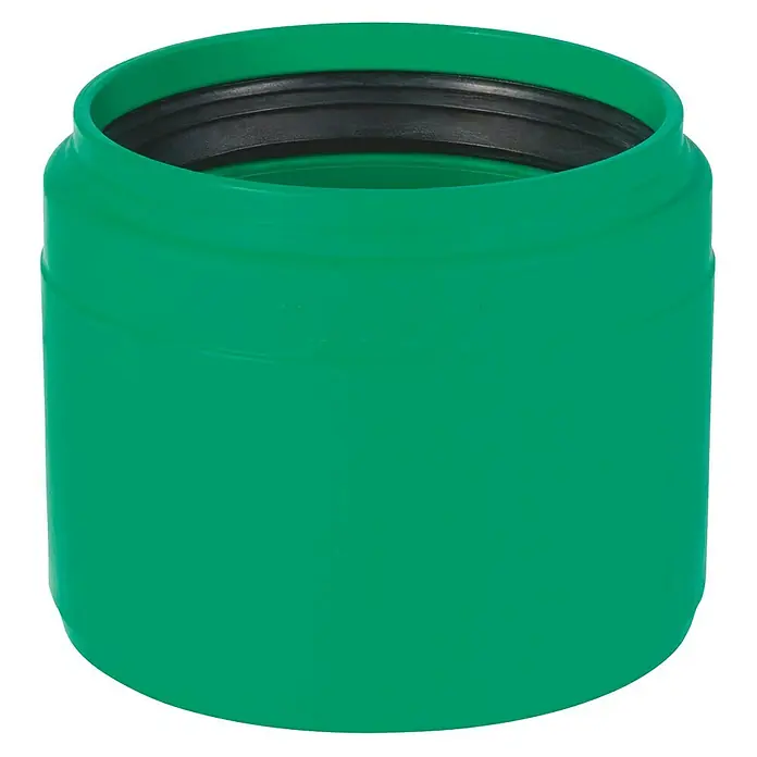 KG Anschluss KG 2000 - Nennweite: 160 mm, Geeignet für: Steinzeugmuffe - Ein grüner Rohrmuffenverbinder mit schwarzer Gummidichtung, ideal für Sanitärinstallationen und Abwasserleitungen, robust und langlebig.