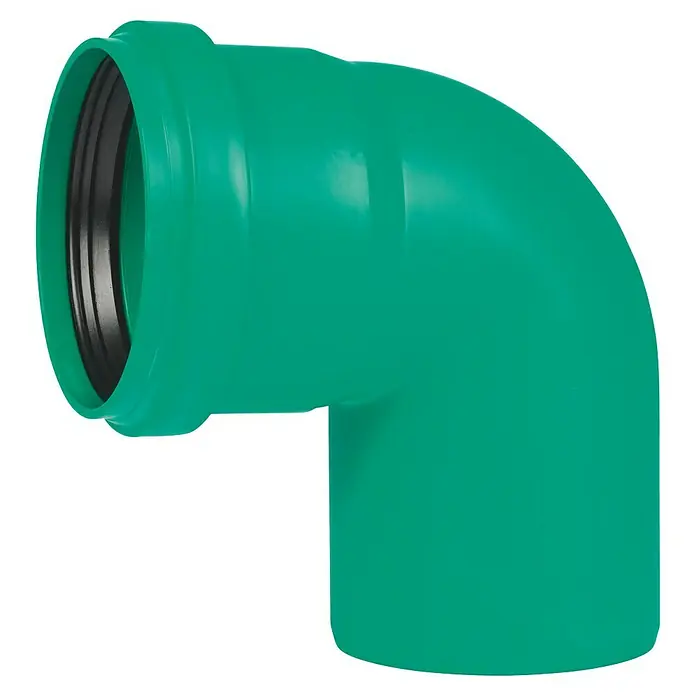 KG Bogen KG 2000 - Nennweite: 110 mm, 87 ° - Ein grünes PVC-Rohrknie mit einem 90-Grad-Winkel, ideal für Abwasserleitungen und andere Sanitärinstallationen. Solide Konstruktion für lange Lebensdauer.