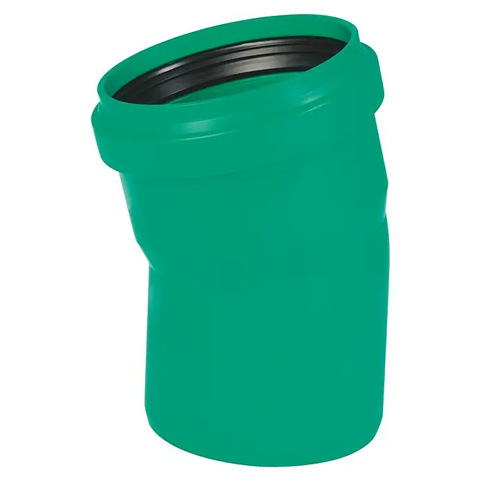 KG Bogen KG 2000 - Nennweite: 160 mm, 15 ° - Grünes PVC-Rohr mit abgewinkeltem Design und schwarzer Gummidichtung für eine sichere Verbindung in Sanitäranwendungen.