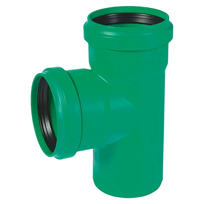 KG Abzweigung KG 2000Nennweite: 110 mm, 87 ° - Grünes T-Stück für Rohre mit schwarzen Dichtungsringen, ein robustes und zuverlässiges Verbindungselement für Sanitärinstallationen.