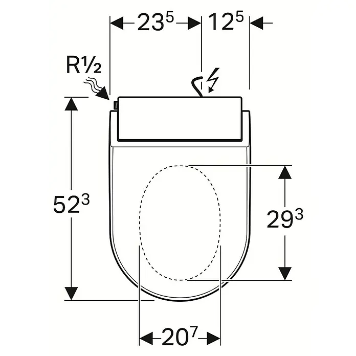 Geberit Dusch-WC-Sitz AquaClean Tuma Comfort - Mit Absenkautomatik, Weiß - Draufsicht auf eine Toilette mit Bemaßung, die die Größe und Anordnung der verschiedenen Elemente des Sanitärkeramikprodukts zeigt.