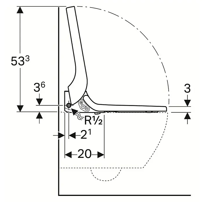Geberit Dusch-WC-Sitz AquaClean Tuma Comfort - Mit Absenkautomatik, Weiß - Schematische Darstellung eines WC-Sitzes mit Bemaßung für Installationsdetails und Design.