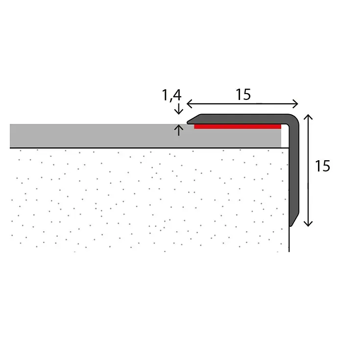 LOGOCLIC Winkelprofil 277 - Silber, 2,7 m x 15 mm x 15 mm, Montageart: Kleben - Schemazeichnung eines Treppenkantenprofils mit Maßen, das einen sicheren Übergang und Schutz bietet.
