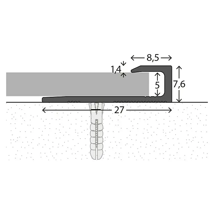 LOGOCLIC Abschlussprofil 143 - Edelstahl matt, 1 m x 27 mm x 7,6 mm, Montageart: Schrauben - Technische Zeichnung eines Bodenprofils mit Maßen. Zeigt die Konstruktion und Befestigung eines Bodenübergangsprofils.