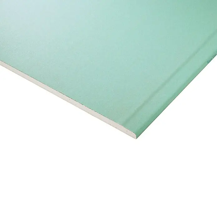 Rigips Gipskartonplatte - 2.000 x 1.250 x 12,5 mm, Imprägniert - Detailansicht einer grünen Gipskartonplatte mit abgeschrägter Kante, ideal für Feuchträume.