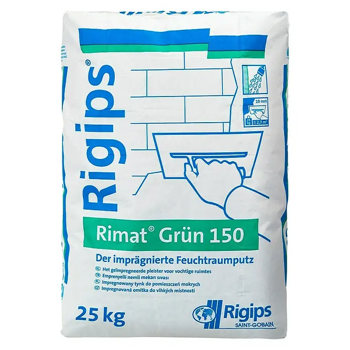Rigips Haftputzgips Rimat Grün 150 - 25 kg, Gips - Rigips Rimat Grün 150: Imprägniertes Feuchtraumputz für feuchte Räume, 25 kg Sack, ideal für Feuchträume wie Badezimmer und Küchen.