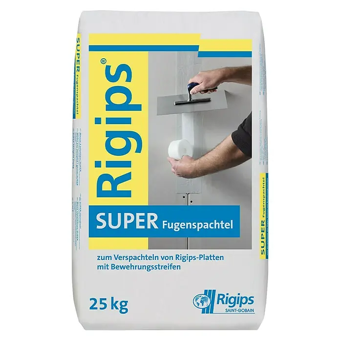 Rigips Fugenspachtel Super - 25 kg - Bild eines 25 kg-Sacks Rigips Super Fugenspachtel, ideal zum Verspachteln von Rigips-Platten mit Bewehrungsstreifen für professionelle Ergebnisse.