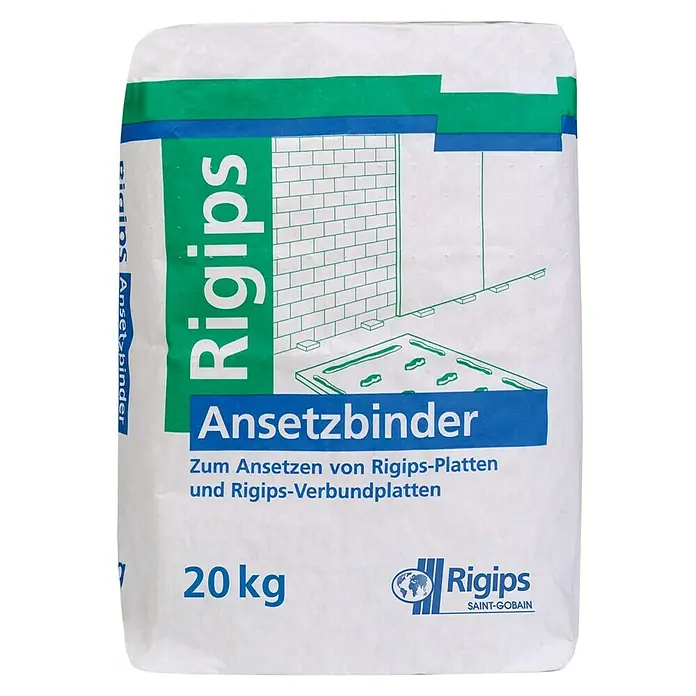 Rigips Ansetzbinder - 20 kg - Sack Rigips Ansetzbinder, ein Ansetzgips zum Befestigen von Rigips-Platten und Rigips-Verbundplatten, mit 20 kg Inhalt.