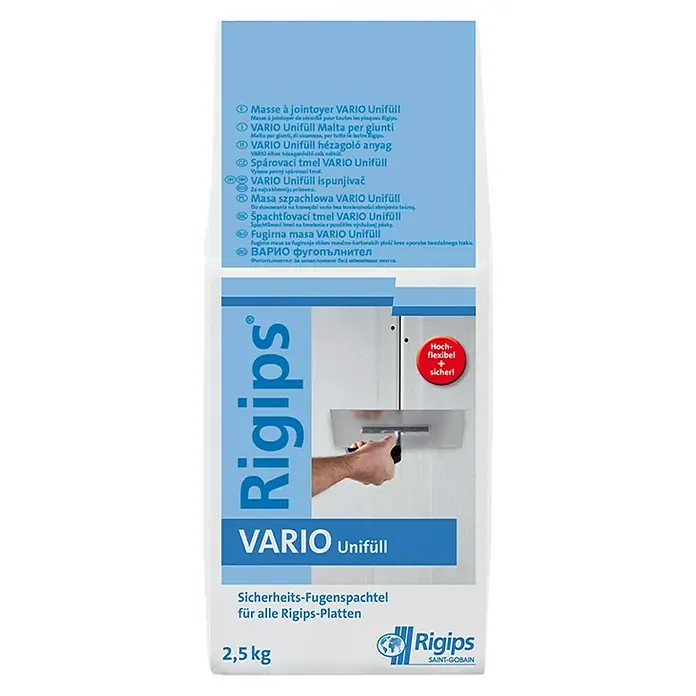 Rigips VARIO Fugenspachtel Unifüll - 2,5 kg - Rigips VARIO Unifüll Sicherheits-Fugenspachtel für Rigips-Platten, 2,5 kg Sack. Hochflexibel und sicher für perfekte Ergebnisse!