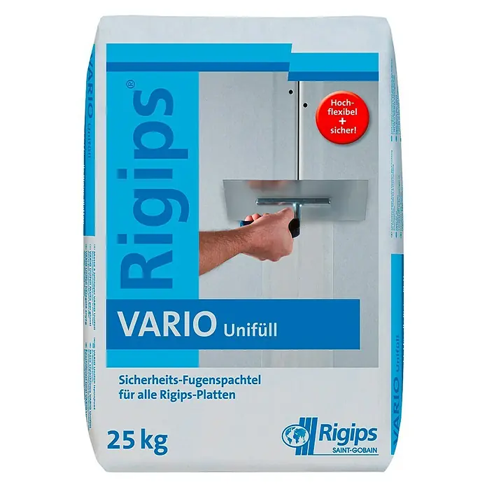 Rigips VARIO Fugenspachtel Unifüll - 25 kg - Packung Rigips VARIO Unifüll, flexibler und sicherer Sicherheits-Fugenspachtel für Rigips-Platten, 25 kg.