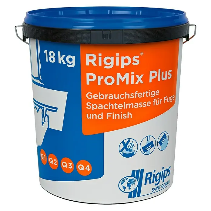 Rigips Fugenspachtel ProMix Plus18 kg, Gebrauchsfertig - Abbildung eines 18kg Eimers Rigips ProMix Plus Gebrauchsfertige Spachtelmasse für Fuge und Finish.