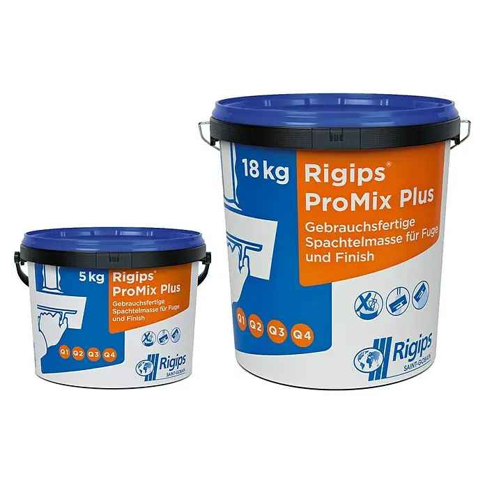 Rigips Fugenspachtel ProMix Plus - 5 kg - Zwei Eimer Rigips ProMix Plus gebrauchsfertige Spachtelmasse für Fuge und Finish, einmal 18 kg und einmal 5 kg.