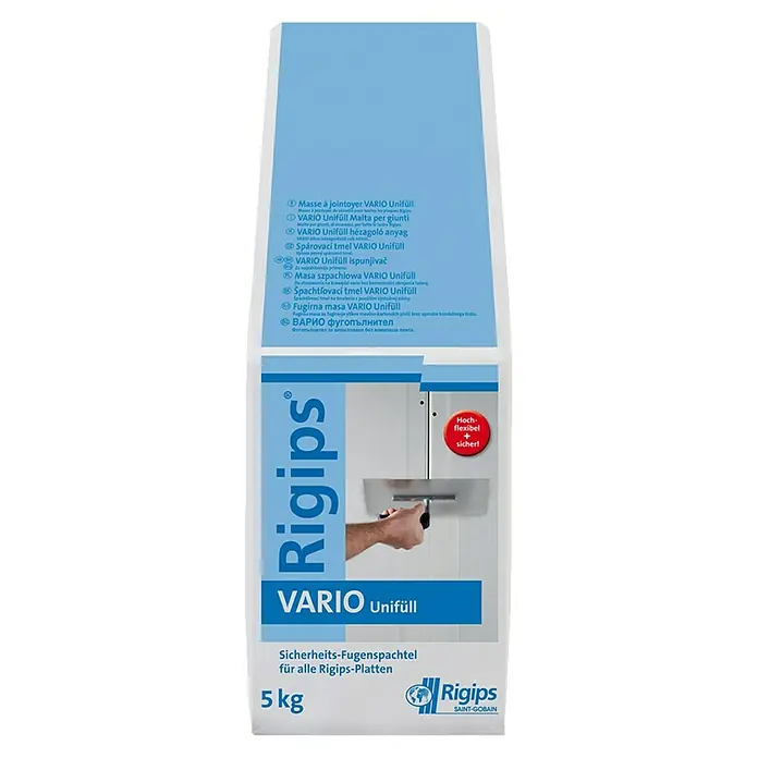 Rigips VARIO Fugenspachtel Unifüll - 5 kg - Image of a 5kg bag of Rigips VARIO Unifüll, a reliable joint compound for Rigips plasterboards, ensuring high flexibility and safety.