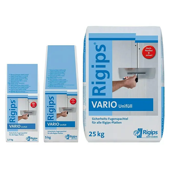 Rigips VARIO Fugenspachtel Unifüll - 5 kg - Rigips VARIO Unifüll Sicherheits-Fugenfüller für Rigips-Platten in den Größen 2,5 kg, 5 kg und 25 kg. Hoch flexibel und sicher!