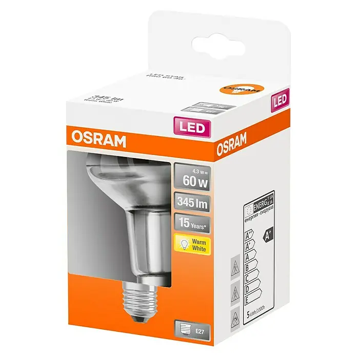 Osram Star LED-Lampe R80 Reflektor E27 - E27, Nicht Dimmbar, Warmweiß, 345 lm, 4,3 W - Nahaufnahme einer OSRAM LED-Lampe in ihrer Verkaufsverpackung, die Details wie Wattzahl und Energieeffizienzklasse zeigt.