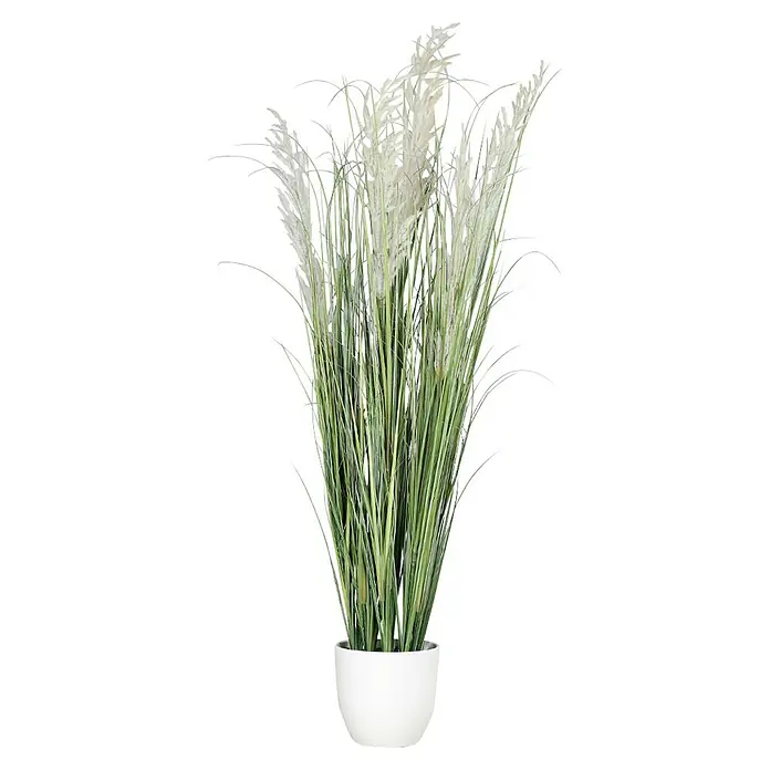 Kunstpflanze Gras mit Fruchtstamm - Höhe: 115 cm, Weiß, Kunststoff - Dekorative künstliche Pflanze mit grünen Stielen und weißen Wedeln in einem weißen Topf, ideal für die Inneneinrichtung.