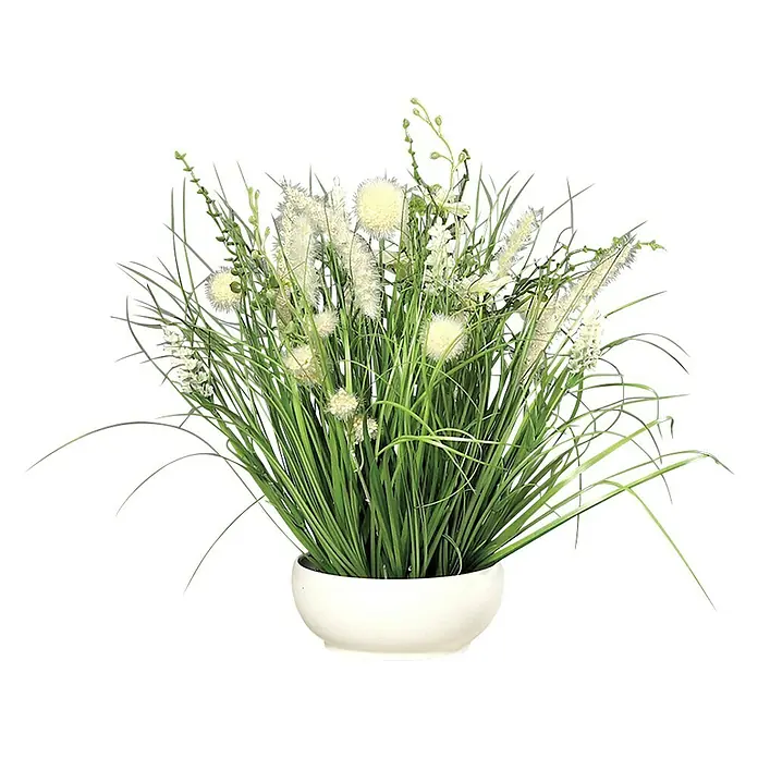 Kunstblume Wiesenblumen - Höhe: 40 cm, Creme, Kunststoff - Dekorative Kunstpflanze mit grünem Gras und weißen Blüten in einem eleganten weißen Topf für eine stilvolle Raumdekoration.