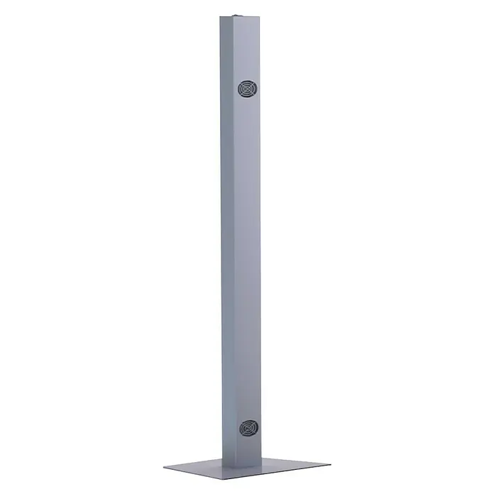 Radium Luftreiniger RaLUX UV-C - Silber, 25 x 30 x 130 cm - Silberfarbener Edelstahl-Desinfektionsmittelständer mit flachem Sockel und dezentem Firmenlogo für professionelle Hygiene.