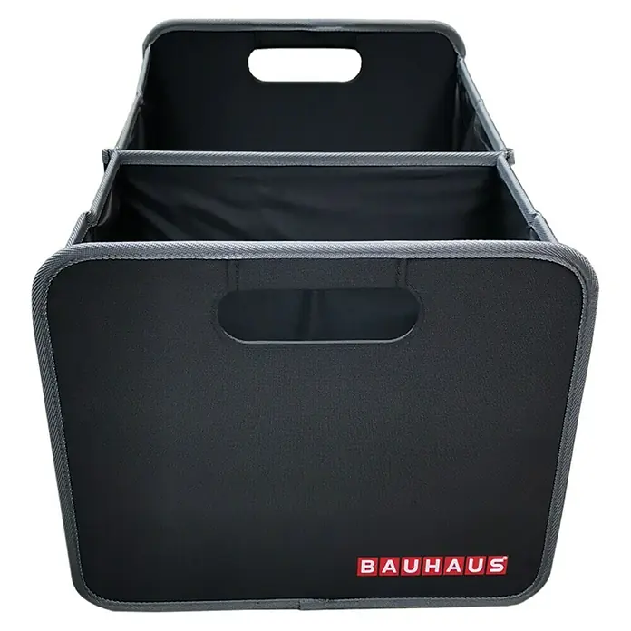 BAUHAUS Faltbox L - L x B x H: 50 x 32 x 27,5 cm - Schwarze Stoffbox mit grauem Rand und roten Bauhaus-Logo. Praktischer Ordnungshelfer für Auto, Büro oder Zuhause.