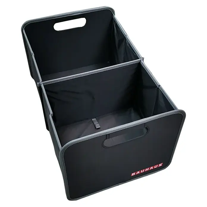 BAUHAUS Faltbox L - L x B x H: 50 x 32 x 27,5 cm - Ein schwarzer Bauhaus-Organizer mit zwei Fächern und Tragegriffen, ideal für Ordnung im Auto oder zu Hause.