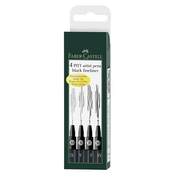 Faber-Castell Tuschestift-Set Pitt4 Stk., Schwarz, 0,1 mm - 0,7 mm, Kalibrierte Spitze Front View